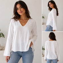 Load image into Gallery viewer, Womens White Long Sleeve Blouse Large Lace Up Side VNeck Tunic