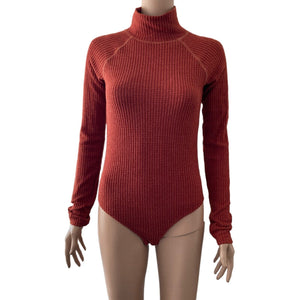 Hem & thread Bodysuit Thermal Womens Small Rust Orange Mock Neck