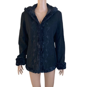 Vintage Espirit Coat Wool Women's Medium Black Embroidered Hooded