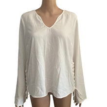 Load image into Gallery viewer, Womens White Long Sleeve Blouse Large Lace Up Side VNeck Tunic