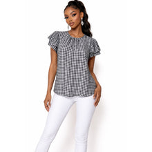Load image into Gallery viewer, Ann Taylor Petite Blouse Womens Small Petite Navy White Gingham Check Flutter