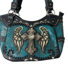 Load image into Gallery viewer, Western Handbag Womens Turquoise Rhinestone Cross Angel Wings Studded Purse