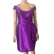 Load image into Gallery viewer, Lazaro Dress Womens 8 Purple Satin Sheath Off Shoulder Ruffle Cocktail Formal