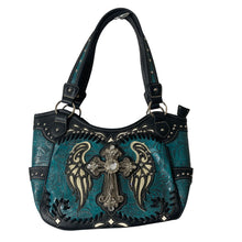Load image into Gallery viewer, Western Handbag Womens Turquoise Rhinestone Cross Angel Wings Studded Purse
