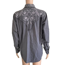 Load image into Gallery viewer, Monarchy Shirt Button Front Mens Small Distressed Gray Embroidered