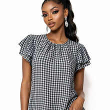 Load image into Gallery viewer, Ann Taylor Petite Blouse Womens Small Petite Navy White Gingham Check Flutter