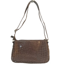 Load image into Gallery viewer, Rosetti Faux Croc Embossed PVC Shoulder Bag Taupe Patent Zip Top Baguette Purse