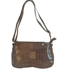 Load image into Gallery viewer, Rosetti Faux Croc Embossed PVC Shoulder Bag Taupe Patent Zip Top Baguette Purse