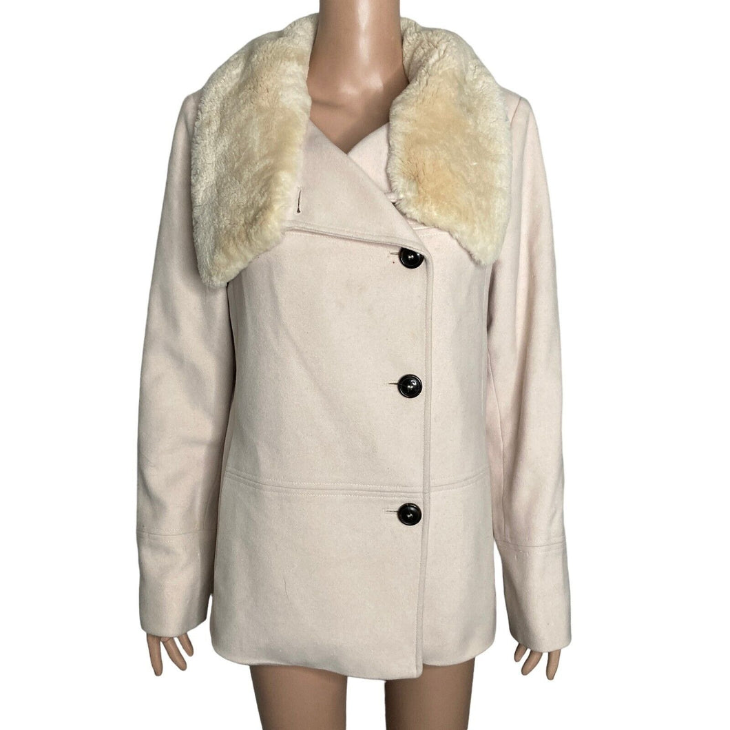 Cole Haan Cashmere Wool Blend Coat Womens 10 Beaver Fur Collar Ivory