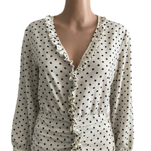 Load image into Gallery viewer, Zara Dress ECRU Womens Medium White Black Polka Dot Stretch Gathers Ruching