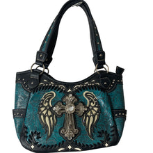 Load image into Gallery viewer, Western Handbag Womens Turquoise Rhinestone Cross Angel Wings Studded Purse