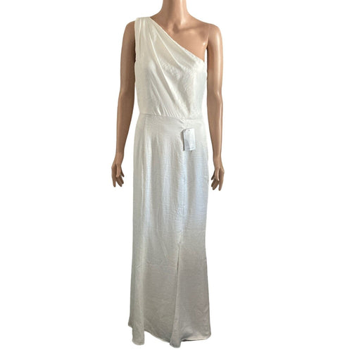 Chi Chi London Dress Womens Size 6 One Shoulder White Satin Chiffon Front Slit