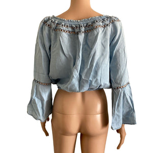 Walter Baker Crop Top Womens Medium Light Blue Bell Sleeve Lyocell