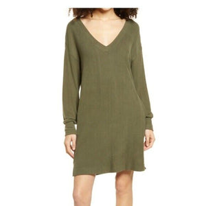 Socialite Knit Sweater Dress Womens XS Olive Green Vneck