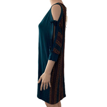 Load image into Gallery viewer, Mystree Sweater Dress Womens Small Teal Oversized Multicolored Embroidered Back