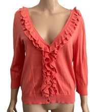 Load image into Gallery viewer, Talbots Petites M Pima Cotton Coral Ruffle Button Front Cardigan Sweater