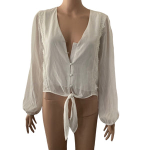 Wayf Blouse Womens Small White Button Tie Front Light Weight New