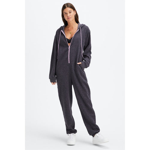 Fabletics Forever Fleece Hooded Onesie Pewter Two Tone Leopard/Orchid