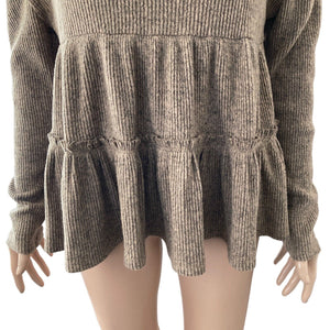 Mystree Sweater Mock Neck Womens Small Oversized Peplum Ribbed Grayish Brown