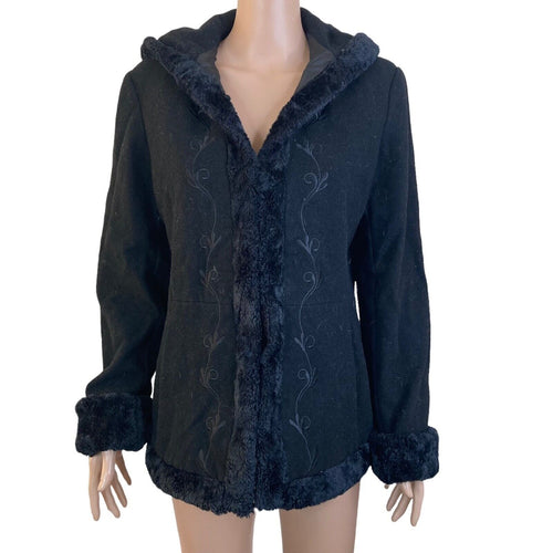 Vintage Espirit Coat Wool Women's Medium Black Embroidered Hooded