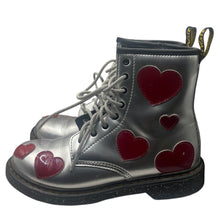 Load image into Gallery viewer, Dr. Martens Metallic Silver Boots Women’s 6 Red Heart Toe Detail Lace-Up Combat Docs