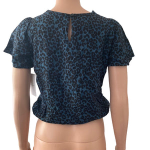 Nordstrom Top Girls Extra Large Blue Black Del Mar Leopard Print Pullover Tie Front