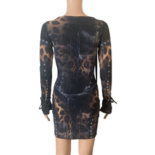 Load image into Gallery viewer, Murci Leopard Mesh Corset Print Mini Dress Studded Bow Sleeve Bodycon US 2 New