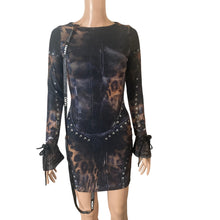Load image into Gallery viewer, Murci Leopard Mesh Corset Print Mini Dress Studded Bow Sleeve Bodycon US 2 New