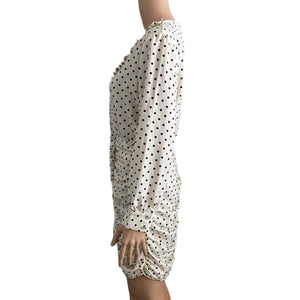 Zara Dress ECRU Womens Medium White Black Polka Dot Stretch Gathers Ruching