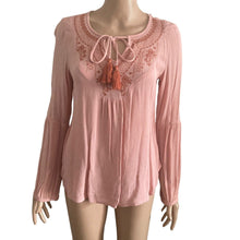 Load image into Gallery viewer, Knox Rose Tunic Top Womens XS Pink Embroidered Tassel Tie V-Neck Bell Sleeve