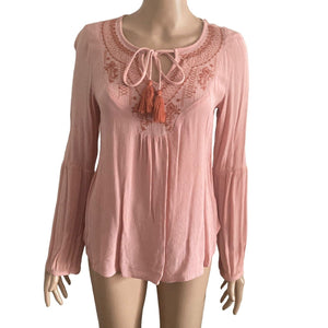 Knox Rose Tunic Top Womens XS Pink Embroidered Tassel Tie V-Neck Bell Sleeve