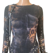 Load image into Gallery viewer, Murci Leopard Mesh Corset Print Mini Dress Studded Bow Sleeve Bodycon US 2 New