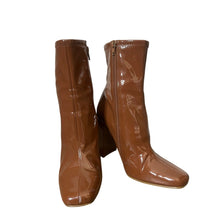Load image into Gallery viewer, Steve Madden Lynden Brown Patent Ankle Boots Womens 8M Block Heel Side Zip