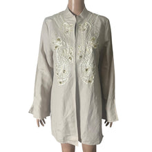 Load image into Gallery viewer, Badgley Mischka American Glamour Tunic Blouse Womens Medium Beaded Beige White