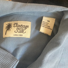 Load image into Gallery viewer, Vintage Silk Circa 1969 Mens Medium Blue 100% Silk Textured Camp Shirt