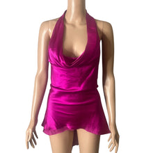 Load image into Gallery viewer, Aidan Mattox Silk Halter Micro Mini Dress Womens L Magenta Open Back Tie