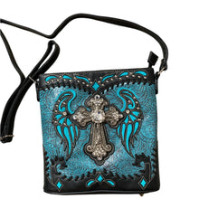 Load image into Gallery viewer, Western Crossbody Purse Womens Turquoise Rhinestone Cross Angel Wings Cowgirl New