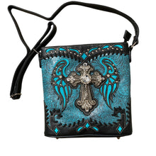 Load image into Gallery viewer, Western Crossbody Purse Womens Turquoise Rhinestone Cross Angel Wings Cowgirl New