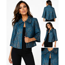 Load image into Gallery viewer, CAbi Lisboa Topper Jacket Womens XS Teal Silver Jacquard Wool Blend Cape #168
