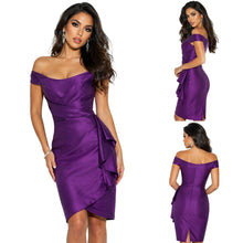 Load image into Gallery viewer, Lazaro Dress Womens 8 Purple Satin Sheath Off Shoulder Ruffle Cocktail Formal