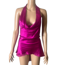 Load image into Gallery viewer, Aidan Mattox Silk Halter Micro Mini Dress Womens L Magenta Open Back Tie