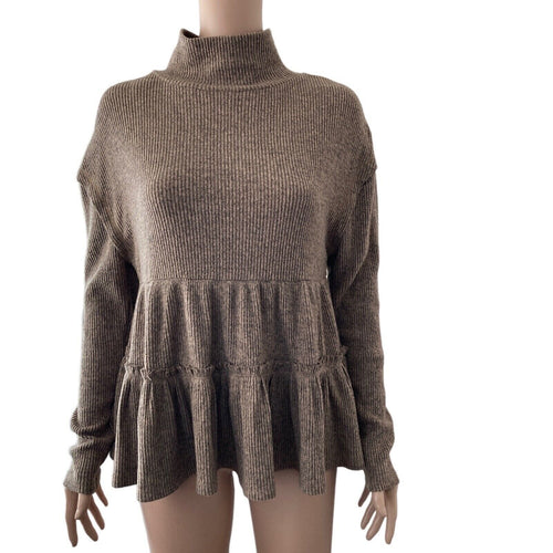 Mystree Sweater Mock Neck Womens Small Oversized Peplum Ribbed Grayish Brown