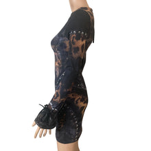 Load image into Gallery viewer, Murci Leopard Mesh Corset Print Mini Dress Studded Bow Sleeve Bodycon US 2 New