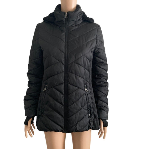 Nautica Puffer Coat Womens Small Black Full Zip Hooded Faux Fur Lined