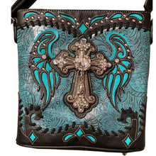 Load image into Gallery viewer, Western Crossbody Purse Womens Turquoise Rhinestone Cross Angel Wings Cowgirl New