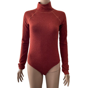 Hem & thread Bodysuit Thermal Womens Small Rust Orange Mock Neck