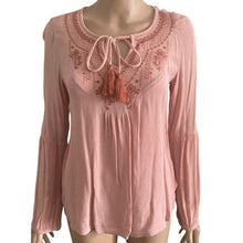 Load image into Gallery viewer, Knox Rose Tunic Top Womens XS Pink Embroidered Tassel Tie V-Neck Bell Sleeve