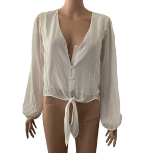 Wayf Blouse Womens Small White Button Tie Front Light Weight New