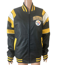 Load image into Gallery viewer, Pittsburgh Steelers G-III NFL Faux Leather Varsity Bomber Jacket XS Black Gold