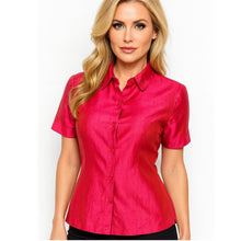 Load image into Gallery viewer, Ann Taylor Blouse Womens Size 6 Pink Iridescent 100% Silk Short Sleeve Button Front Shirt